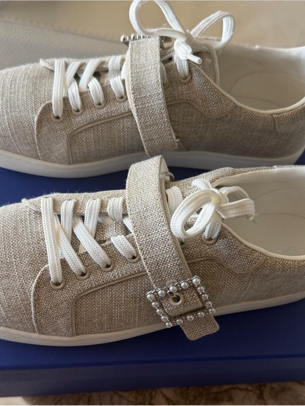 Stuart Weitzman Women’s Casual Pearl Buckle Sneakers in Beige, 11 B